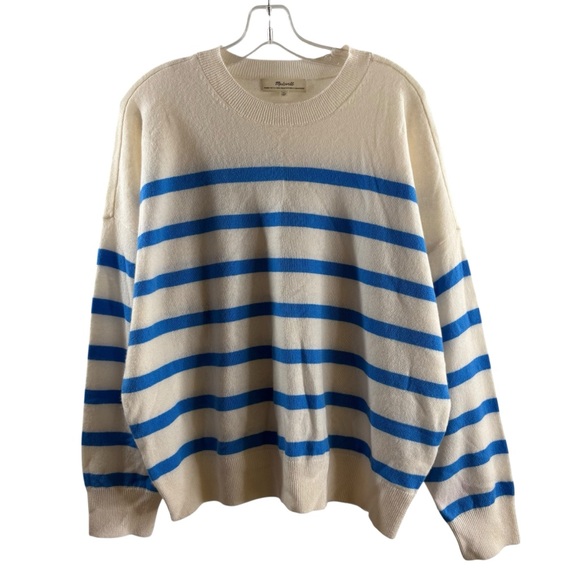 Madewell Cream and Blue Striped Crewneck CASHMERE Sweater NWT $188
